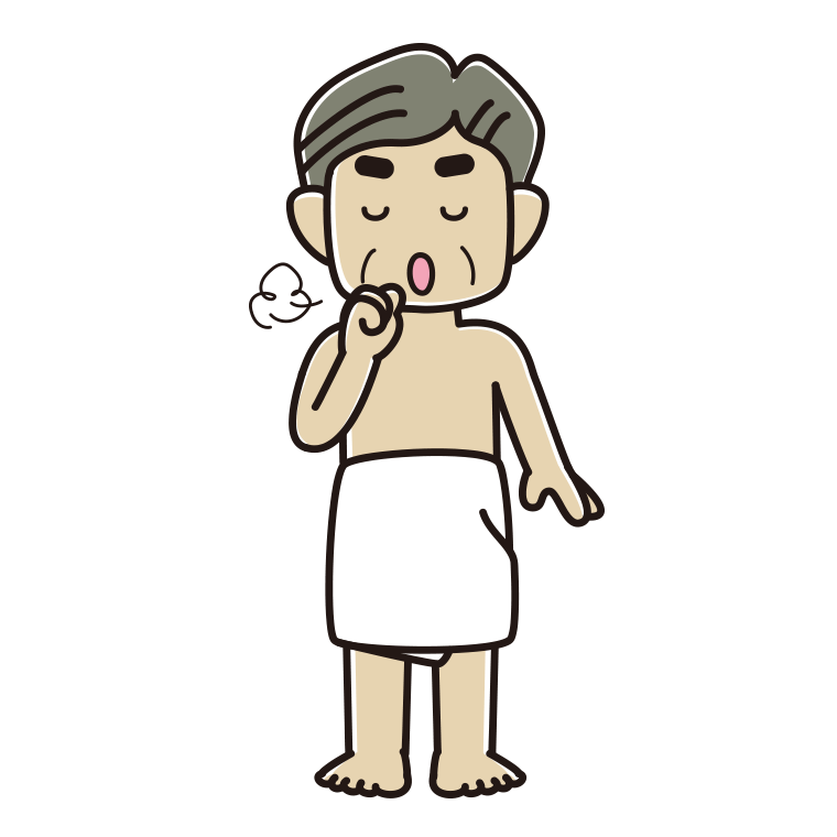 咳払いするバスタオル姿のおじさんのイラスト【色あり、背景なし】透過PNG