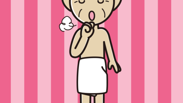 咳払いするバスタオル姿のおじいさんのイラスト【色、背景あり】PNG