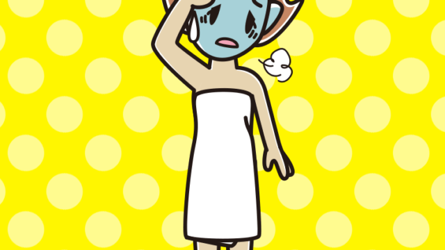 具合が悪いバスタオル姿の女性のイラスト【色、背景あり】PNG