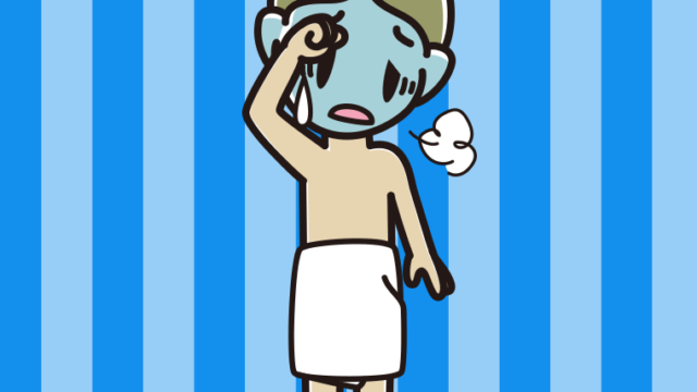 具合が悪いバスタオル姿の小学生男子のイラスト【色、背景あり】PNG