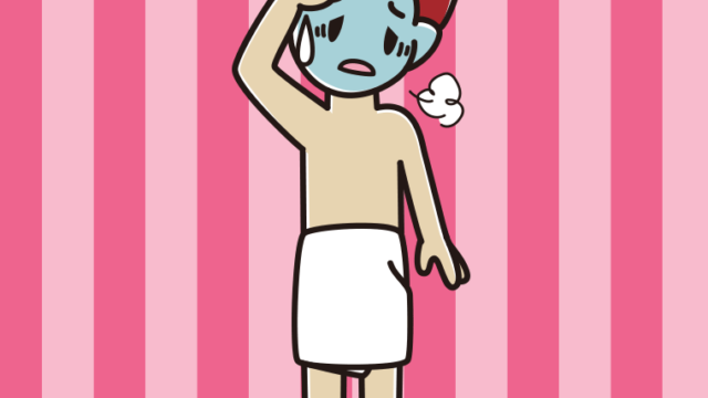 具合が悪いバスタオル姿の男子大学生のイラスト【色、背景あり】PNG