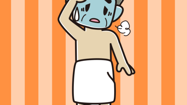 具合が悪いバスタオル姿のおじさんのイラスト【色、背景あり】PNG