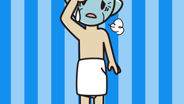 具合が悪いバスタオル姿のおじいさんのイラスト【色、背景あり】PNG