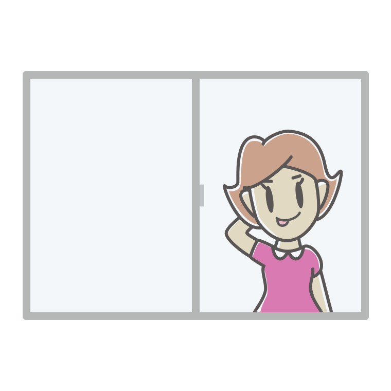 窓でテヘヘな女性のイラスト【色あり、背景なし】透過PNG