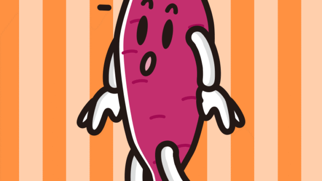 何かに気付くさつまいもちゃんのイラスト【色、背景あり】PNG