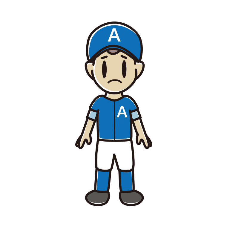 困る野球のユニフォーム姿の男子中学生のイラスト【色あり、背景なし】透過PNG
