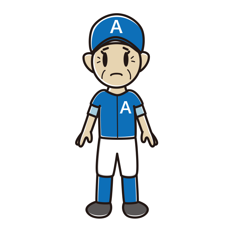 困る野球のユニフォーム姿のおばあさんのイラスト【色あり、背景なし】透過PNG