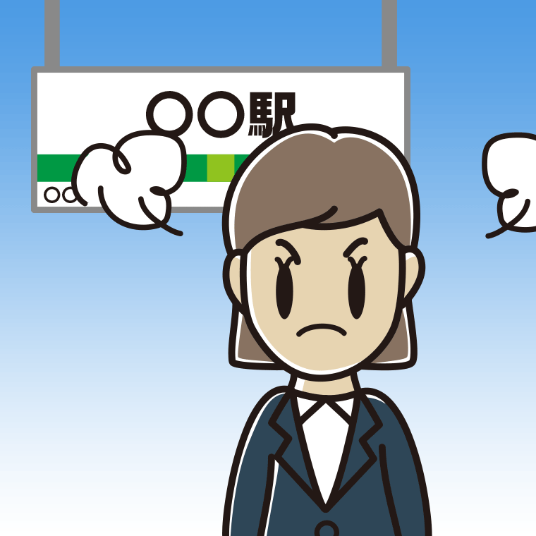 駅のホームで怒る女性会社員のイラスト【色、背景あり】PNG
