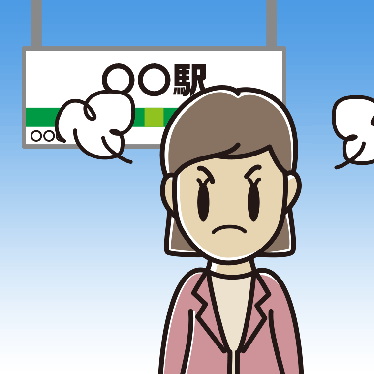 駅のホームで怒る女性会社員（カジュアル）のイラスト【色、背景あり】PNG