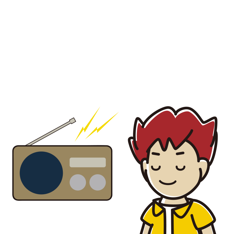 目を閉じてラジオを聴く男子大学生のイラスト【色あり、背景なし】透過PNG