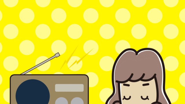 目を閉じてラジオを聴く女子大学生のイラスト【色、背景あり】PNG