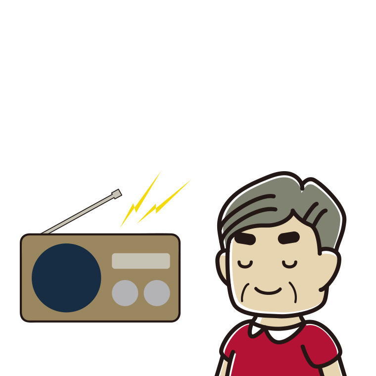 目を閉じてラジオを聴くおじさんのイラスト【色あり、背景なし】透過PNG