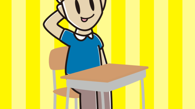 教室の席でテヘヘな男性のイラスト【色、背景あり】PNG