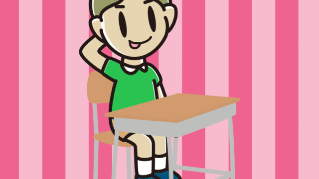 教室の席でテヘヘな小学生男子のイラスト【色、背景あり】PNG