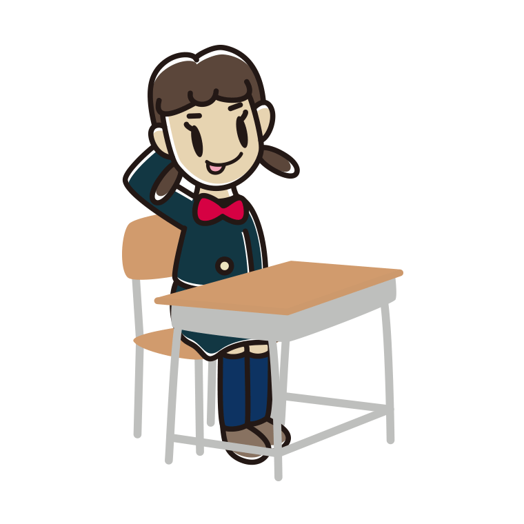 教室の席でテヘヘな女子中学生のイラスト【色あり、背景なし】透過PNG