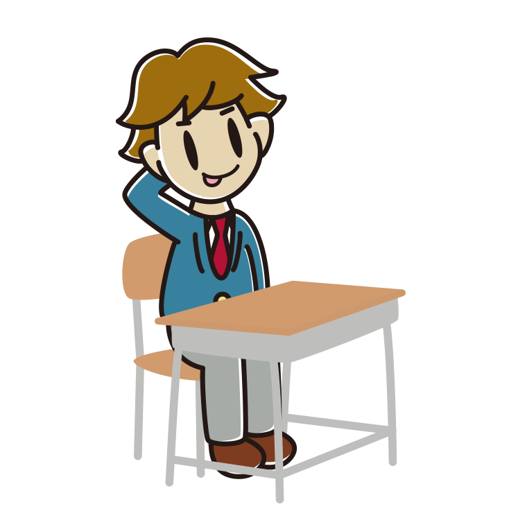 教室の席でテヘヘな男子高校生のイラスト【色あり、背景なし】透過PNG