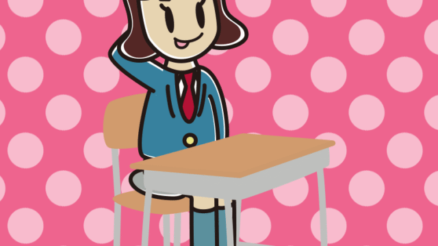 教室の席でテヘヘな女子高校生のイラスト【色、背景あり】PNG