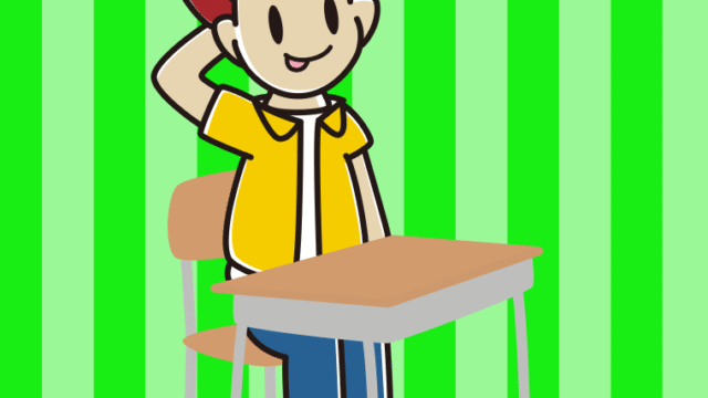 教室の席でテヘヘな男子大学生のイラスト【色、背景あり】PNG