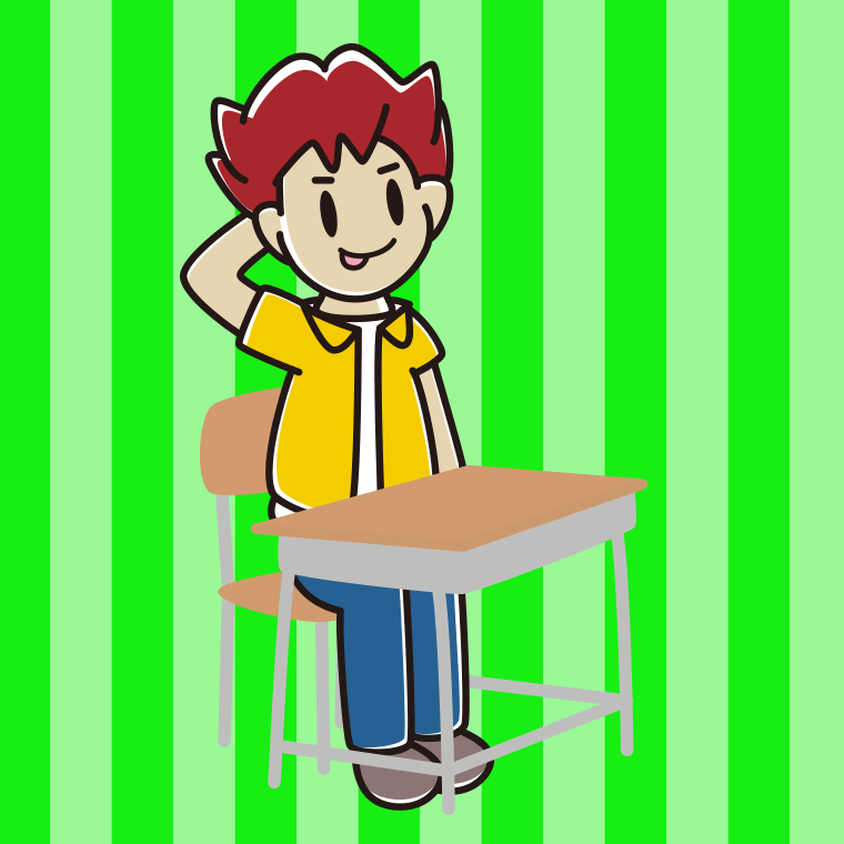 教室の席でテヘヘな男子大学生のイラスト【色、背景あり】PNG