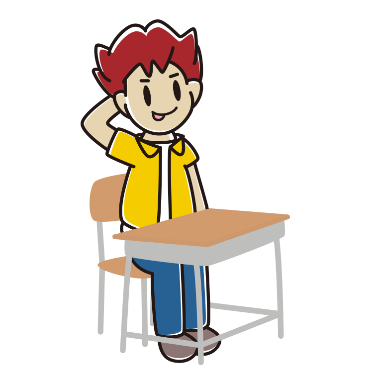 教室の席でテヘヘな男子大学生のイラスト【色あり、背景なし】透過PNG