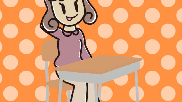 教室の席でテヘヘな女子大学生のイラスト【色、背景あり】PNG