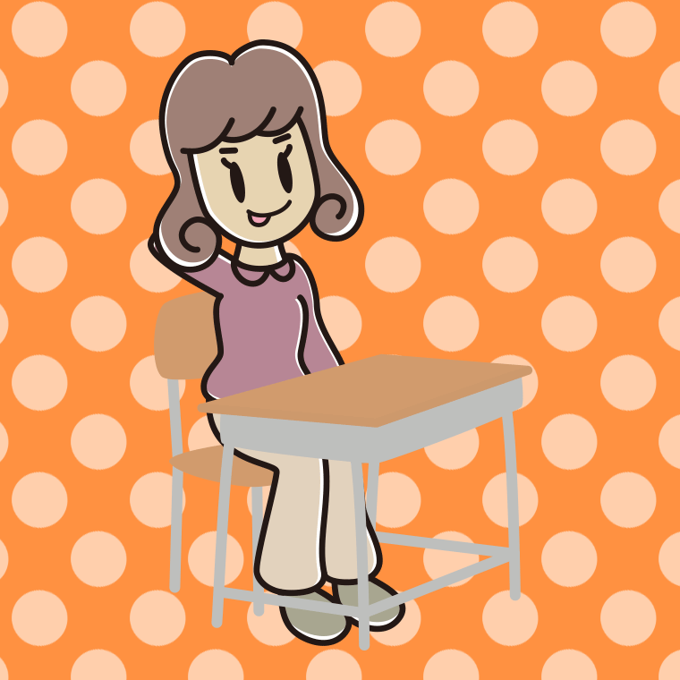 教室の席でテヘヘな女子大学生のイラスト【色、背景あり】PNG