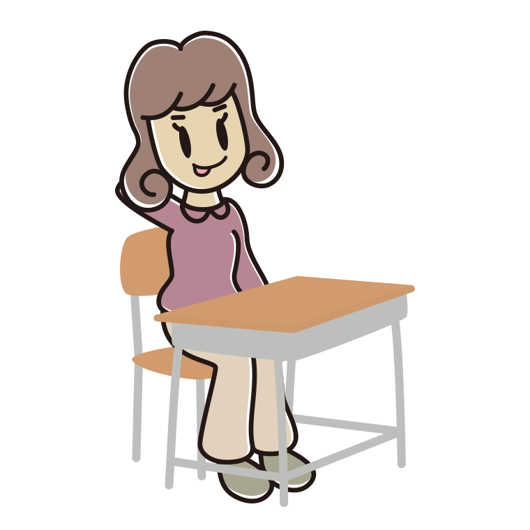 教室の席でテヘヘな女子大学生のイラスト【色あり、背景なし】透過PNG