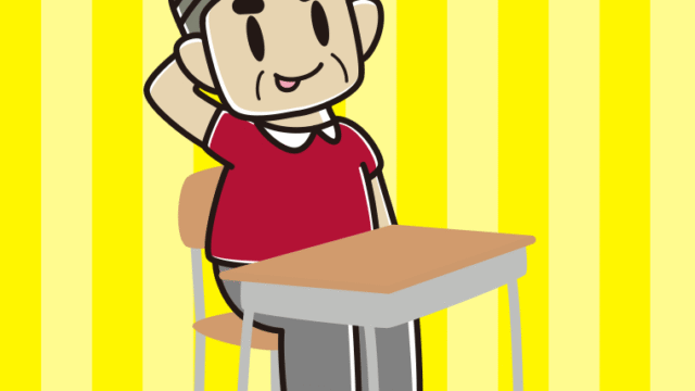 教室の席でテヘヘなおじさんのイラスト【色、背景あり】PNG