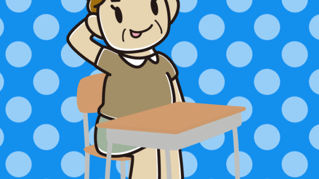 教室の席でテヘヘなおばさんのイラスト【色、背景あり】PNG