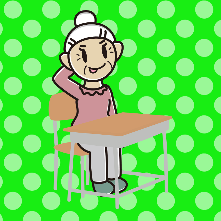 教室の席でテヘヘなおばあさんのイラスト【色、背景あり】PNG