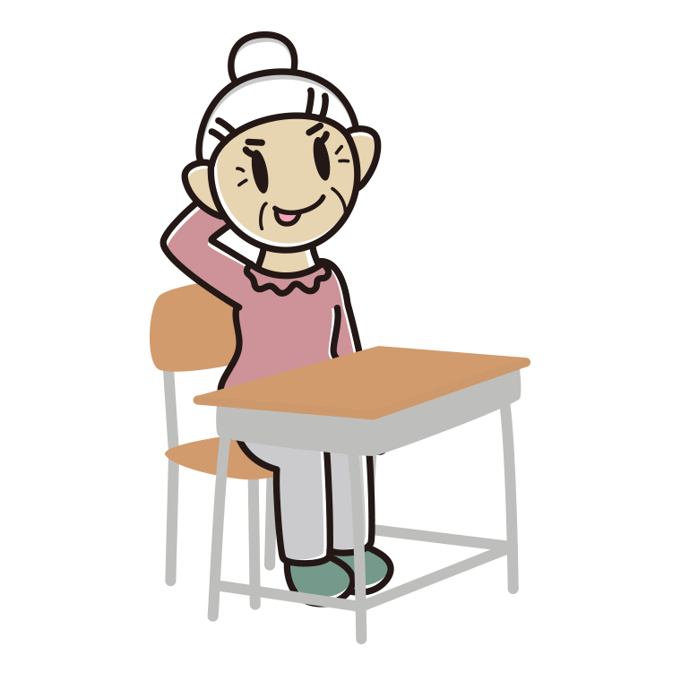 教室の席でテヘヘなおばあさんのイラスト【色あり、背景なし】透過PNG