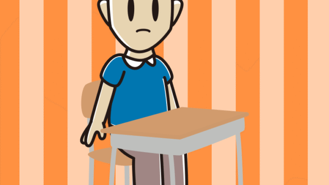 教室の席で何かに気付く男性のイラスト【色、背景あり】PNG