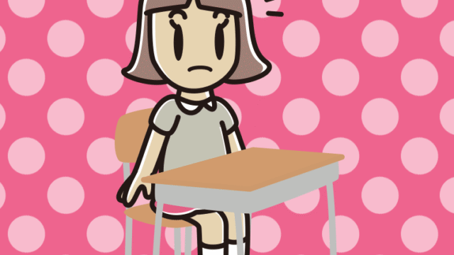 教室の席で何かに気付く小学生女子のイラスト【色、背景あり】PNG