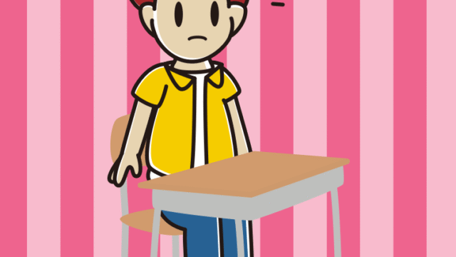 教室の席で何かに気付く男子大学生のイラスト【色、背景あり】PNG