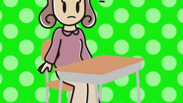 教室の席で何かに気付く女子大学生のイラスト【色、背景あり】PNG