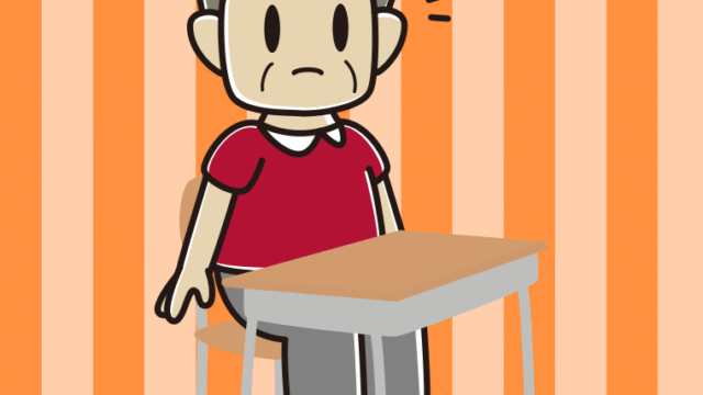 教室の席で何かに気付くおじさんのイラスト【色、背景あり】PNG