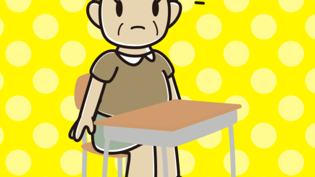 教室の席で何かに気付くおばさんのイラスト【色、背景あり】PNG