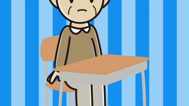教室の席で何かに気付くおじいさんのイラスト【色、背景あり】PNG