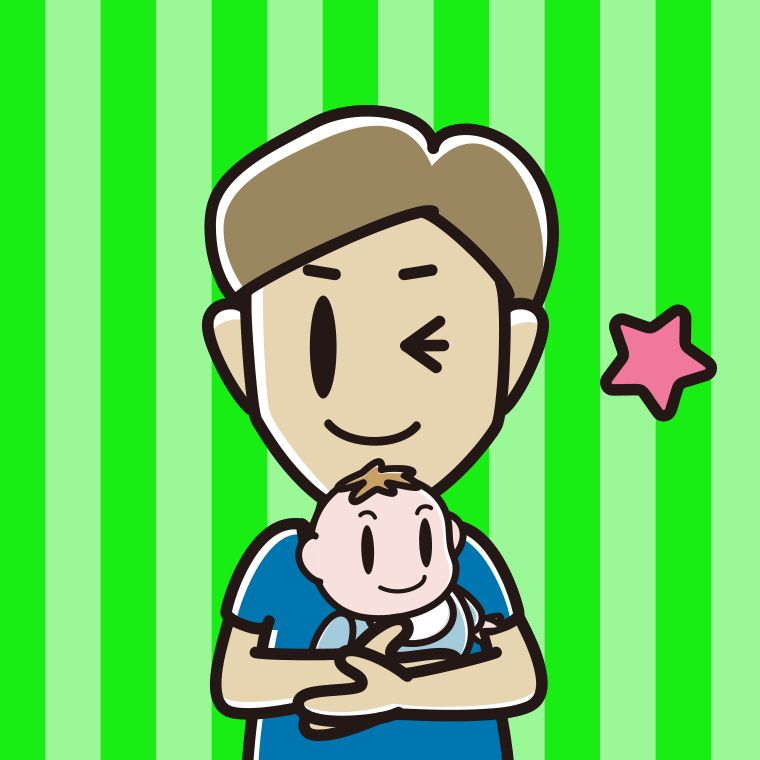 赤ちゃんを抱いてウインクする男性のイラスト【色、背景あり】PNG