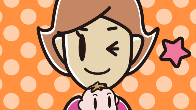 赤ちゃんを抱いてウインクする女性のイラスト【色、背景あり】PNG