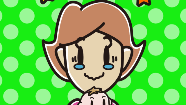 赤ちゃんを抱いてジーンとする女性のイラスト【色、背景あり】PNG