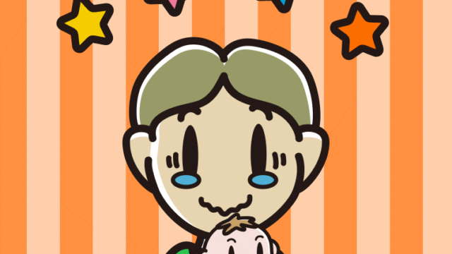 赤ちゃんを抱いてジーンとする小学生男子のイラスト【色、背景あり】PNG