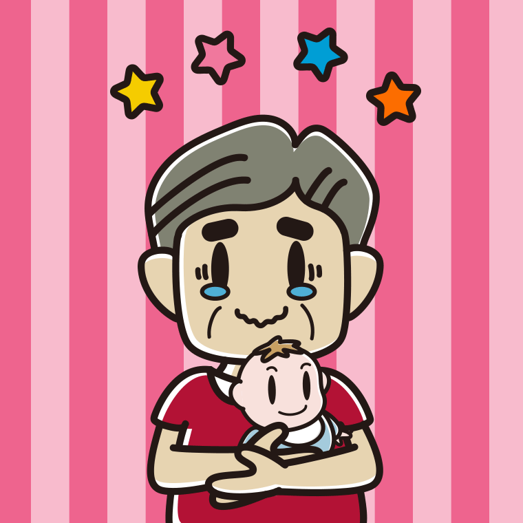 赤ちゃんを抱いてジーンとするおじさんのイラスト【色、背景あり】PNG