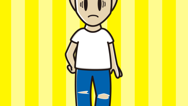ダメージジーンズで困る男性のイラスト【色、背景あり】PNG