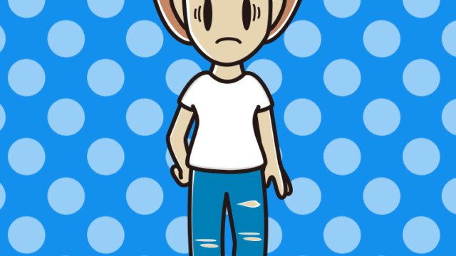 ダメージジーンズで困る女性のイラスト【色、背景あり】PNG