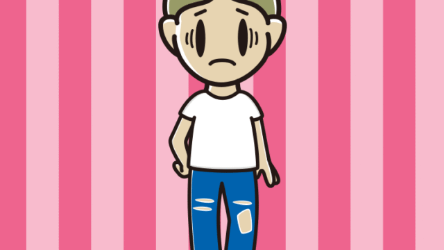 ダメージジーンズで困る小学生男子のイラスト【色、背景あり】PNG