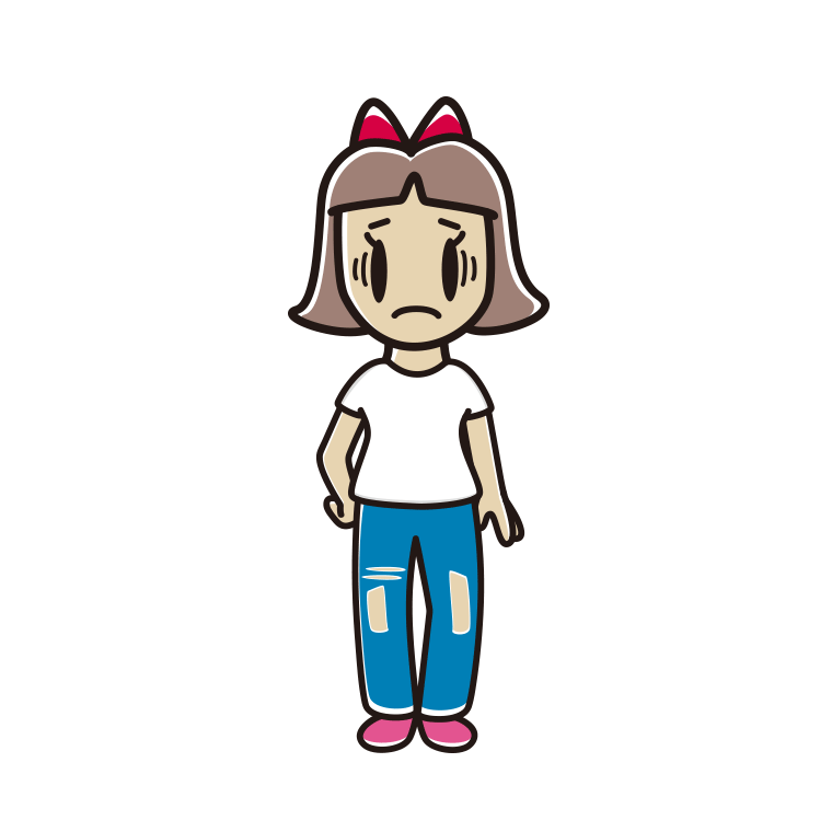 ダメージジーンズで困る小学生女子のイラスト【色あり、背景なし】透過PNG