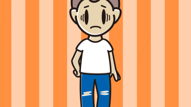 ダメージジーンズで困る男子中学生のイラスト【色、背景あり】PNG