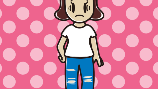 ダメージジーンズで困る女子高校生のイラスト【色、背景あり】PNG
