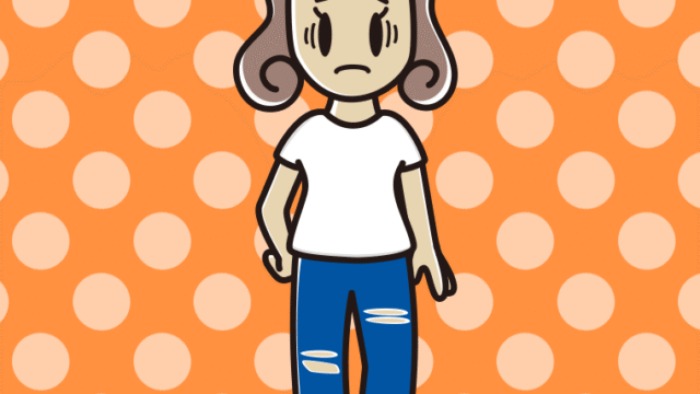 ダメージジーンズで困る女子大学生のイラスト【色、背景あり】PNG